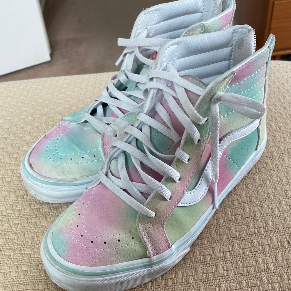 Vans - high top shoes - suede green, pink & white